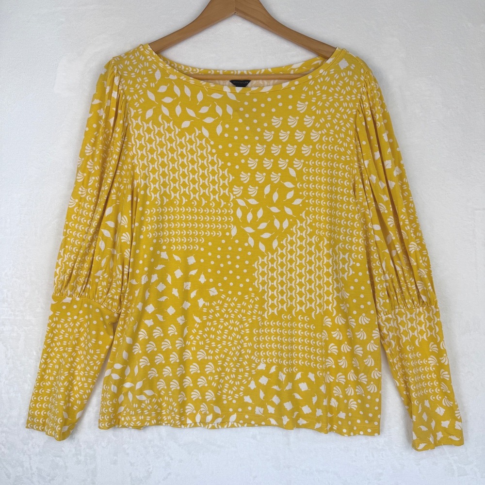 Ann Taylor Yellow White Mixed Print Puffed Sleeve Boat Neck Boho Festival Top XL